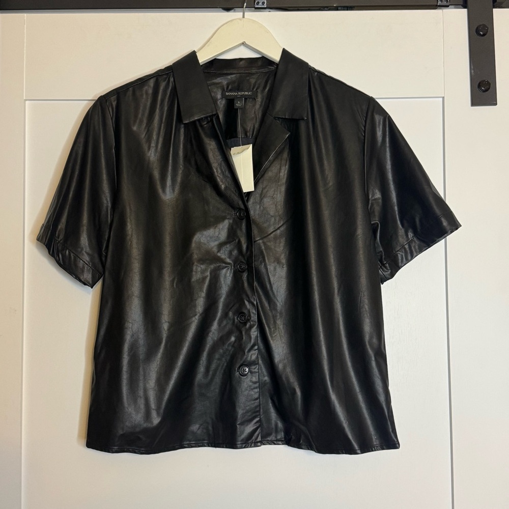 Banana Republic black faux leather button down shirt